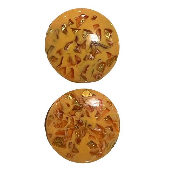 Vintage Gold Fleck Lucite Clip On Earrings Large Statement Cream Discs 1950-60s - Picture 3 of 5